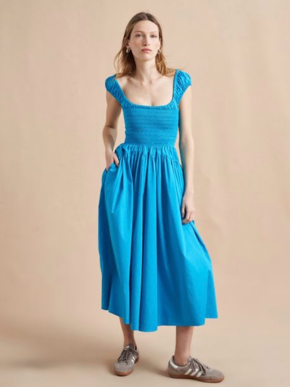 La Ligne Vivian Turquoise Blue Smocked Midi Dress